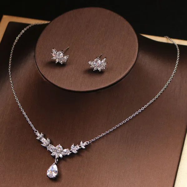 Modest / Simple Silver Bridal Jewelry 2019 Metal Tiara Earrings Headpieces Rhinestone Accessories