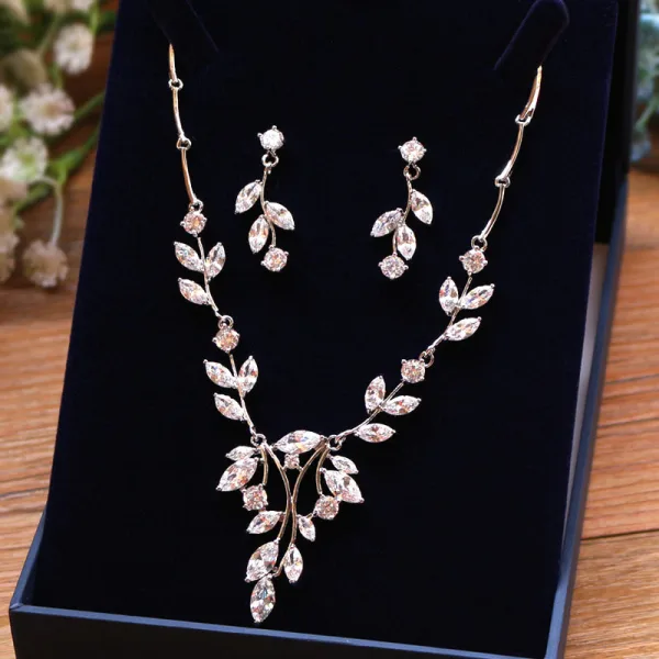 Modest / Simple Silver Bridal Jewelry 2019 Metal Rhinestone Tiara Earrings Necklace Accessories