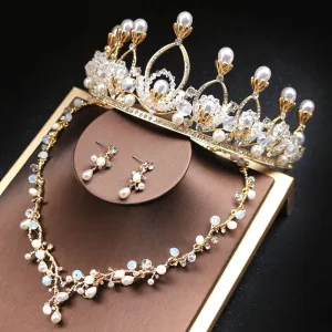Abordable Doré Bijoux Mariage 2019 Métal Perle Faux Diamant Cristal Tiare Un Collier Boucles D 039 Oreilles Accessorize