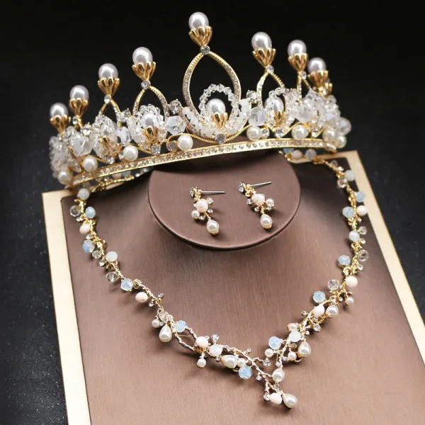 Affordable Gold Bridal Jewelry 2019 Metal Pearl Rhinestone Crystal Tiara Necklace Earrings Accessories