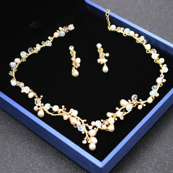 Affordable Gold Bridal Jewelry 2019 Metal Pearl Rhinestone Crystal Tiara Necklace Earrings Accessories