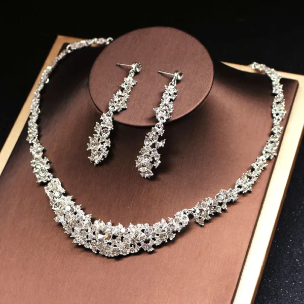Affordable Silver Bridal Jewelry 2019 Metal Rhinestone Tiara Necklace Earrings Accessories