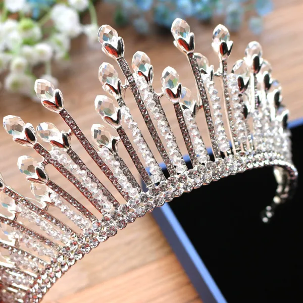 Snygga / Fina Silver Brud Huvudbonad 2019 Metall Rhinestone Beading Kristall Tiara Tillbehör