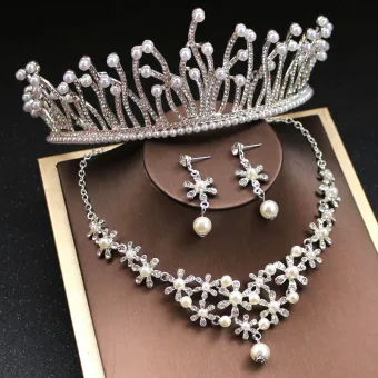 Stunning Silver Bridal Jewelry 2019 Metal Pearl Rhinestone Tiara Earrings Necklace Accessories