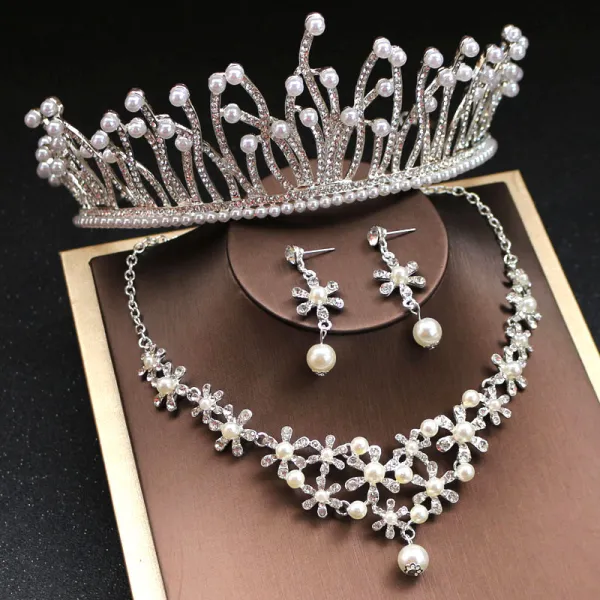Atemberaubend Silber Brautschmuck 2019 Metall Perle Strass Diadem Ohrringe Halskette Brautaccessoires