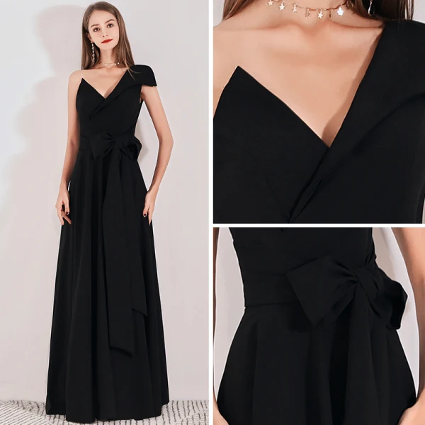 Schlicht Schwarz Abendkleider 2019 A Linie One-Shoulder Ärmel Lange Rüschen Rückenfreies Festliche Kleider