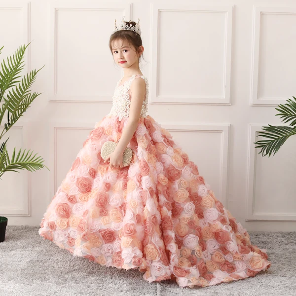 Fabulous Pearl Pink Flower Girl Dresses 2019 A-Line / Princess Scoop Neck Sleeveless Beading Pearl Flower Tulle Sweep Train Ruffle Wedding Party Dresses