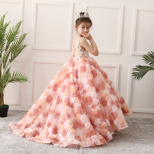 Fabulous Pearl Pink Flower Girl Dresses 2019 A-Line / Princess Scoop Neck Sleeveless Beading Pearl Flower Tulle Sweep Train Ruffle Wedding Party Dresses