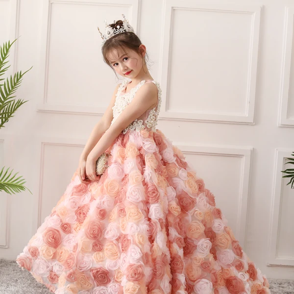 Fabulous Pearl Pink Flower Girl Dresses 2019 A-Line / Princess Scoop Neck Sleeveless Beading Pearl Flower Tulle Sweep Train Ruffle Wedding Party Dresses