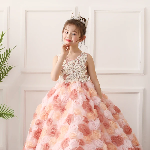 Fabulous Pearl Pink Flower Girl Dresses 2019 A-Line / Princess Scoop Neck Sleeveless Beading Pearl Flower Tulle Sweep Train Ruffle Wedding Party Dresses