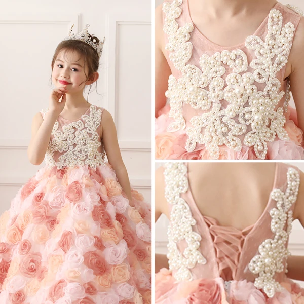 Fabulous Pearl Pink Flower Girl Dresses 2019 A-Line / Princess Scoop Neck Sleeveless Beading Pearl Flower Tulle Sweep Train Ruffle Wedding Party Dresses