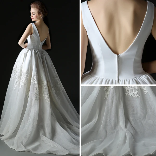 Modern / Fashion Ivory Wedding Dresses 2018 A-Line / Princess V-Neck Sleeveless Backless Ruffle Court Train