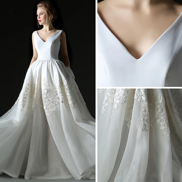 Modern / Fashion Ivory Wedding Dresses 2018 A-Line / Princess V-Neck Sleeveless Backless Ruffle Court Train