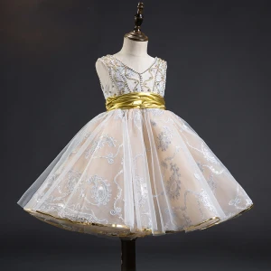 Meilleur Champagne Robe Ceremonie Fille 2019 Princesse V Cou Sans Manches Ceinture Appliques En Dentelle Perlage Mi Longues Volants Dos Nu Robe Pour Mariage