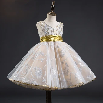 Best Champagne Flower Girl Dresses 2019 A Line Princess V Neck Sleeveless Sash Appliques Lace Beading Knee Length Ruffle Backless Wedding Party Dresses