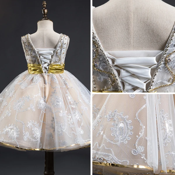 Best Champagne Flower Girl Dresses 2019 A-Line / Princess V-Neck Sleeveless Sash Appliques Lace Beading Knee-Length Ruffle Backless Wedding Party Dresses