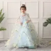 Wróżka Kwiatowa Błękitne Sukienki Dla Dziewczynek 2019 Princessa Wysokiej Szyi Bez Rękawów Aplikacje Kwiat Frezowanie Trenem Sąd Wzburzyć Bez Pleców Sukienki Na Wesele