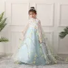Wróżka Kwiatowa Błękitne Sukienki Dla Dziewczynek 2019 Princessa Wysokiej Szyi Bez Rękawów Aplikacje Kwiat Frezowanie Trenem Sąd Wzburzyć Bez Pleców Sukienki Na Wesele