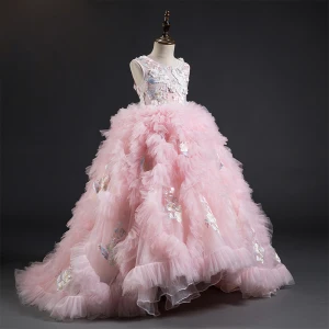 Fabuleux Rose Bonbon Robe Ceremonie Fille 2019 Robe Boule Encolure Dégagée Sans Manches Plumes Appliques En Dentelle Fleur Perle Tribunal Train Plissée Robe Pour Mariage
