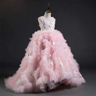Fabulous Candy Pink Flower Girl Dresses 2019 Ball Gown Scoop Neck Sleeveless Feather Appliques Lace Flower Pearl Court Train Pleated Wedding Party Dresses