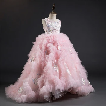 Fabulous Candy Pink Flower Girl Dresses 2019 Ball Gown Scoop Neck Sleeveless Feather Appliques Lace Flower Pearl Court Train Pleated Wedding Party Dresses