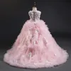 Fantastyczny Cukierki Różowy Sukienki Dla Dziewczynek 2019 Suknia Balowa Wycięciem Bez Rękawów Pióro Aplikacje Z Koronki Kwiat Perła Trenem Sąd Plisowane Sukienki Na Wesele