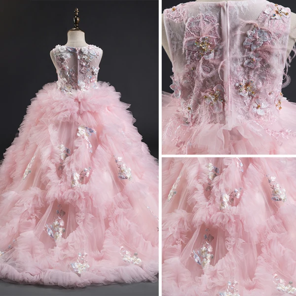 Fabulous Candy Pink Flower Girl Dresses 2019 Ball Gown Scoop Neck Sleeveless Feather Appliques Lace Flower Pearl Court Train Pleated Wedding Party Dresses