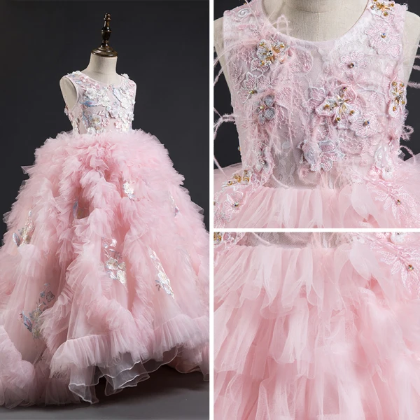 Fabulous Candy Pink Flower Girl Dresses 2019 Ball Gown Scoop Neck Sleeveless Feather Appliques Lace Flower Pearl Court Train Pleated Wedding Party Dresses