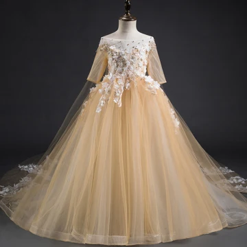 Élégant Champagne Robe Ceremonie Fille 2019 Princesse Encolure Carrée 3 4 Manches Appliques En Dentelle Perlage Détachable Chapel Train Volants Dos Nu Robe Pour Mariage