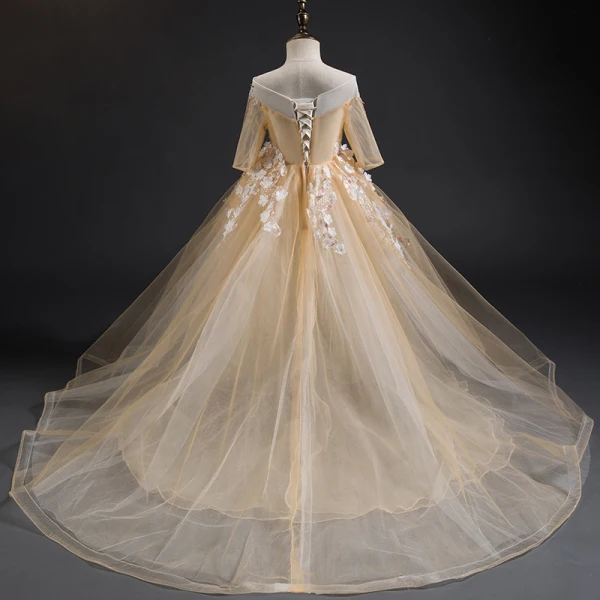 Elegant Champagne Flower Girl Dresses 2019 A-Line / Princess Square Neckline 3/4 Sleeve Appliques Lace Beading Detachable Chapel Train Ruffle Backless Wedding Party Dresses