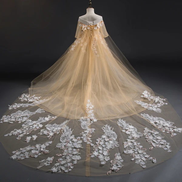 Elegant Champagne Flower Girl Dresses 2019 A-Line / Princess Square Neckline 3/4 Sleeve Appliques Lace Beading Detachable Chapel Train Ruffle Backless Wedding Party Dresses