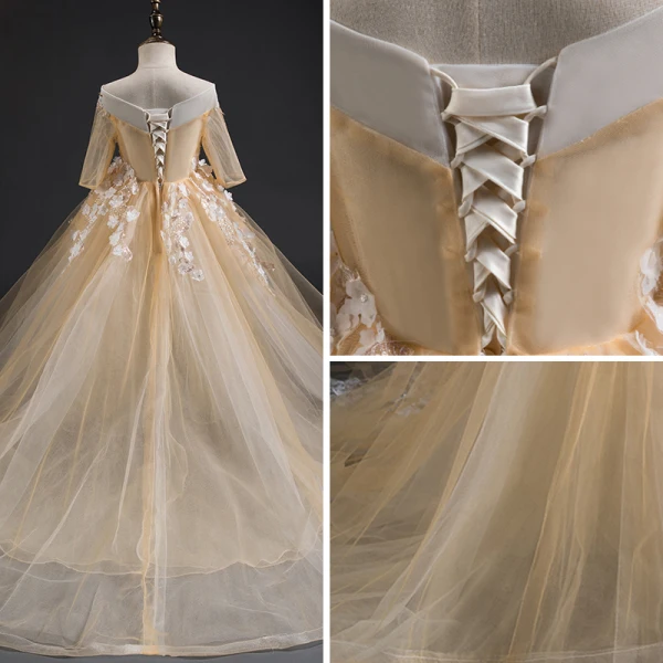 Elegant Champagne Flower Girl Dresses 2019 A-Line / Princess Square Neckline 3/4 Sleeve Appliques Lace Beading Detachable Chapel Train Ruffle Backless Wedding Party Dresses
