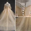 Elegant Champagne Flower Girl Dresses 2019 A-Line / Princess Square Neckline 3/4 Sleeve Appliques Lace Beading Detachable Chapel Train Ruffle Backless Wedding Party Dresses