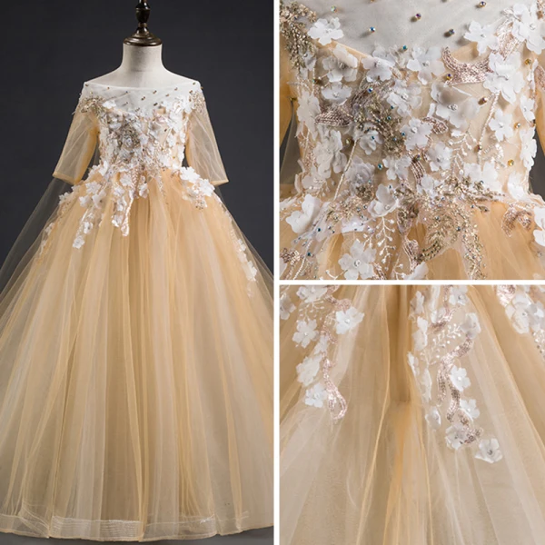 Elegant Champagne Flower Girl Dresses 2019 A-Line / Princess Square Neckline 3/4 Sleeve Appliques Lace Beading Detachable Chapel Train Ruffle Backless Wedding Party Dresses