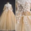 Elegant Champagne Flower Girl Dresses 2019 A-Line / Princess Square Neckline 3/4 Sleeve Appliques Lace Beading Detachable Chapel Train Ruffle Backless Wedding Party Dresses