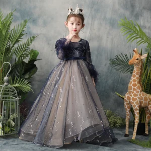 Élégant Bleu Marine Transparentes Robe Ceremonie Fille 2019 Princesse Encolure Dégagée Manches Longues Plumes Paillettes Perle Perlage Noeud Ceinture Train De Balayage Volants Dos Nu Robe Pour Mariage
