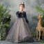 Elegant Navy Blue See-through Flower Girl Dresses 2019 A-Line / Princess Scoop Neck Long Sleeve Feather Sequins Pearl Beading Bow Sash Sweep Train Ruffle Backless Wedding Party Dresses