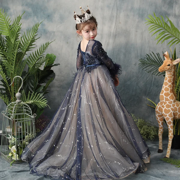 Elegant Navy Blue See-through Flower Girl Dresses 2019 A-Line / Princess Scoop Neck Long Sleeve Feather Sequins Pearl Beading Bow Sash Sweep Train Ruffle Backless Wedding Party Dresses