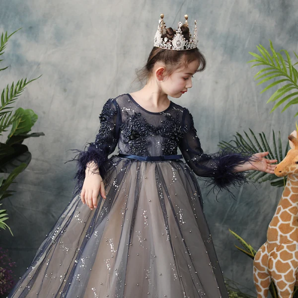 Elegant Navy Blue See-through Flower Girl Dresses 2019 A-Line / Princess Scoop Neck Long Sleeve Feather Sequins Pearl Beading Bow Sash Sweep Train Ruffle Backless Wedding Party Dresses