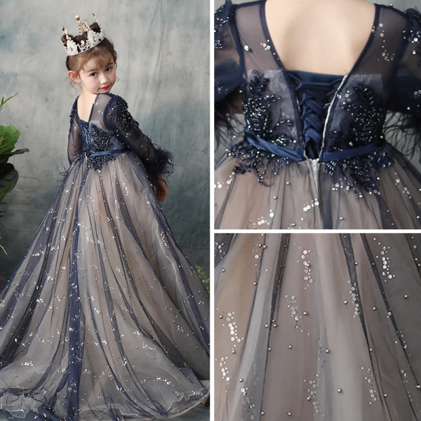 Elegant Navy Blue See-through Flower Girl Dresses 2019 A-Line / Princess Scoop Neck Long Sleeve Feather Sequins Pearl Beading Bow Sash Sweep Train Ruffle Backless Wedding Party Dresses