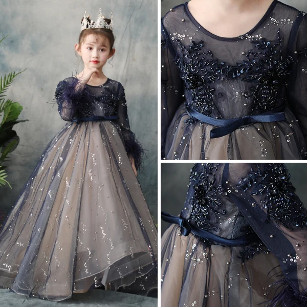 Elegant Navy Blue See-through Flower Girl Dresses 2019 A-Line / Princess Scoop Neck Long Sleeve Feather Sequins Pearl Beading Bow Sash Sweep Train Ruffle Backless Wedding Party Dresses
