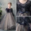Elegant Navy Blue See-through Flower Girl Dresses 2019 A-Line / Princess Scoop Neck Long Sleeve Feather Sequins Pearl Beading Bow Sash Sweep Train Ruffle Backless Wedding Party Dresses