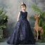 Classy Navy Blue Flower Girl Dresses 2019 A-Line / Princess Scoop Neck Sleeveless Feather Appliques Lace Beading Glitter Sequins Sash Detachable Watteau Train Ruffle Wedding Party Dresses