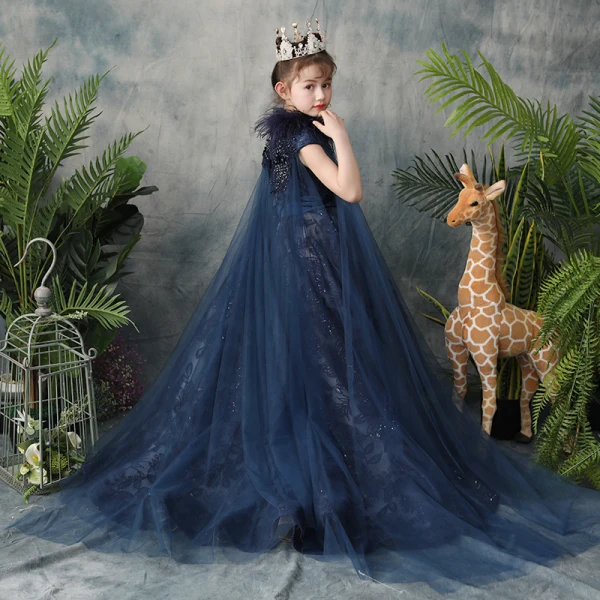 Classy Navy Blue Flower Girl Dresses 2019 A-Line / Princess Scoop Neck Sleeveless Feather Appliques Lace Beading Glitter Sequins Sash Detachable Watteau Train Ruffle Wedding Party Dresses