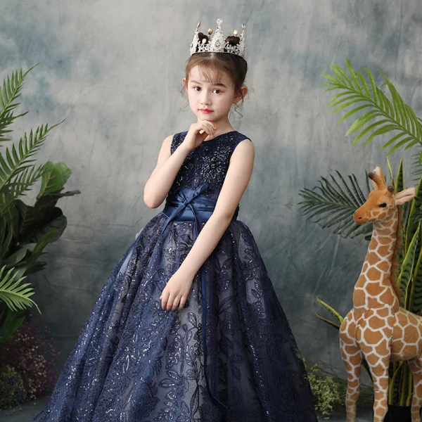 Classy Navy Blue Flower Girl Dresses 2019 A-Line / Princess Scoop Neck Sleeveless Feather Appliques Lace Beading Glitter Sequins Sash Detachable Watteau Train Ruffle Wedding Party Dresses