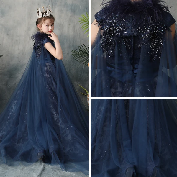 Classy Navy Blue Flower Girl Dresses 2019 A-Line / Princess Scoop Neck Sleeveless Feather Appliques Lace Beading Glitter Sequins Sash Detachable Watteau Train Ruffle Wedding Party Dresses