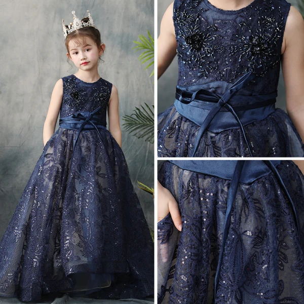 Classy Navy Blue Flower Girl Dresses 2019 A-Line / Princess Scoop Neck Sleeveless Feather Appliques Lace Beading Glitter Sequins Sash Detachable Watteau Train Ruffle Wedding Party Dresses