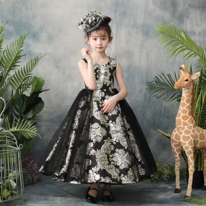 Chic Belle Noire Robe Ceremonie Fille 2019 Princesse Encolure Dégagée Sans Manches Brodé Fleur Longueur Cheville Volants Robe Pour Mariage