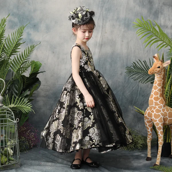 Chic / Beautiful Black Flower Girl Dresses 2019 A-Line / Princess Scoop Neck Sleeveless Embroidered Flower Ankle Length Ruffle Wedding Party Dresses