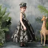 Chic / Beautiful Black Flower Girl Dresses 2019 A-Line / Princess Scoop Neck Sleeveless Embroidered Flower Ankle Length Ruffle Wedding Party Dresses